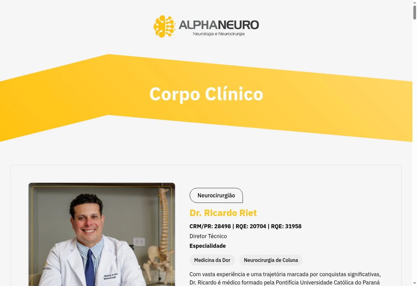 Página corpo clínico do site AlphaNeuro