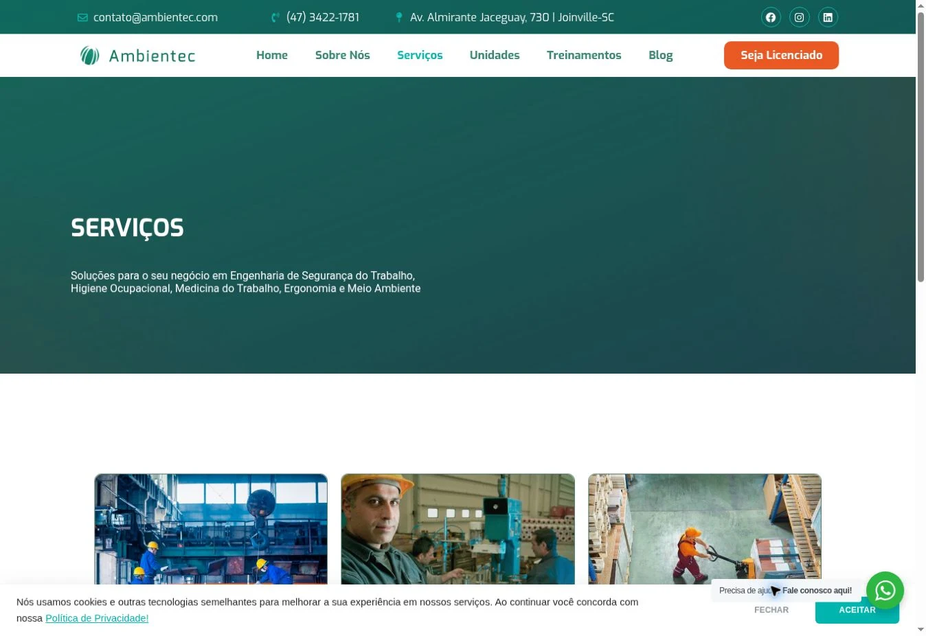Página serviços do site Ambientec