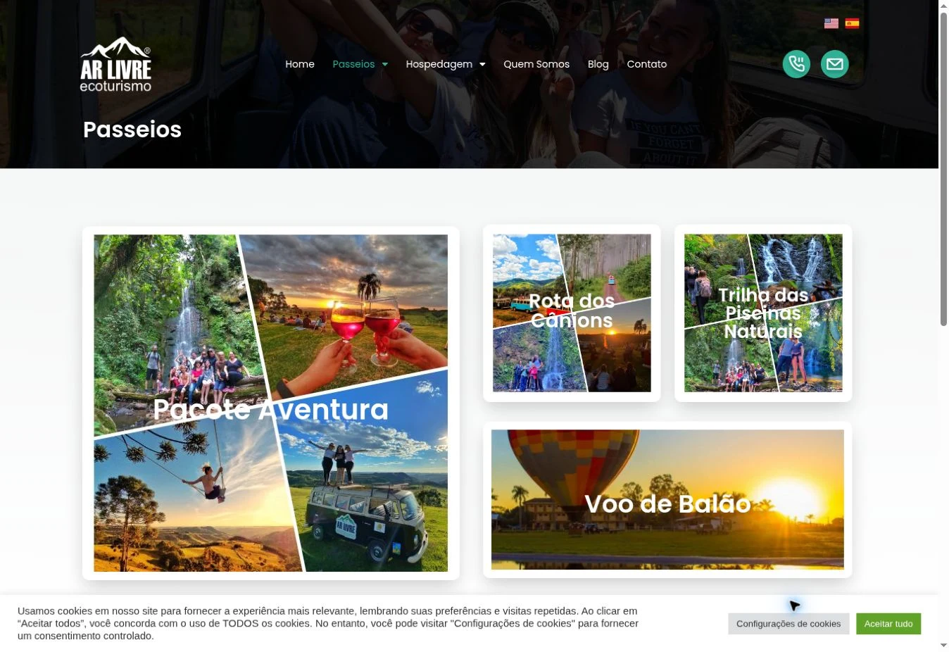 Página passeios do site Ar Livre Ecoturismo
